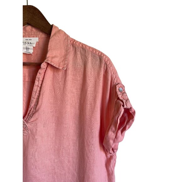 Nicole Miller Size Small Salmon Pink Orange 100% Linen Collared Popover Short Sl - Picture 3 of 5